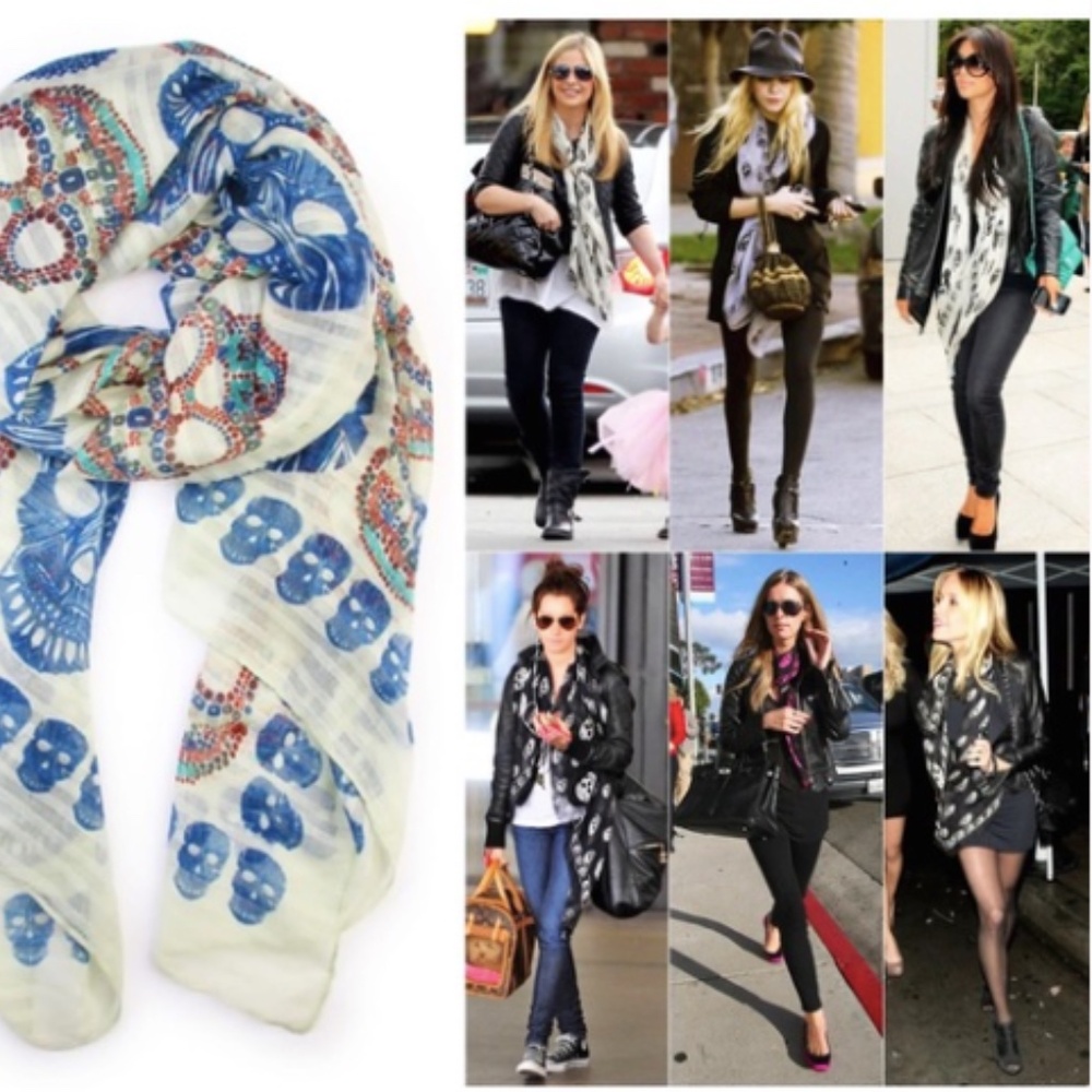 NWT - Riah  Cream & Blue Sugar Skull Scarf - Picture 8 of 8